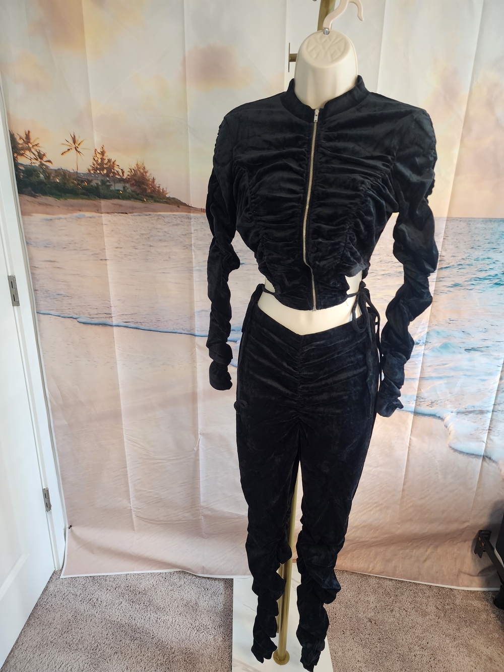 WinWin Black Ruched Velour Zip-Front TWO PIECE SET